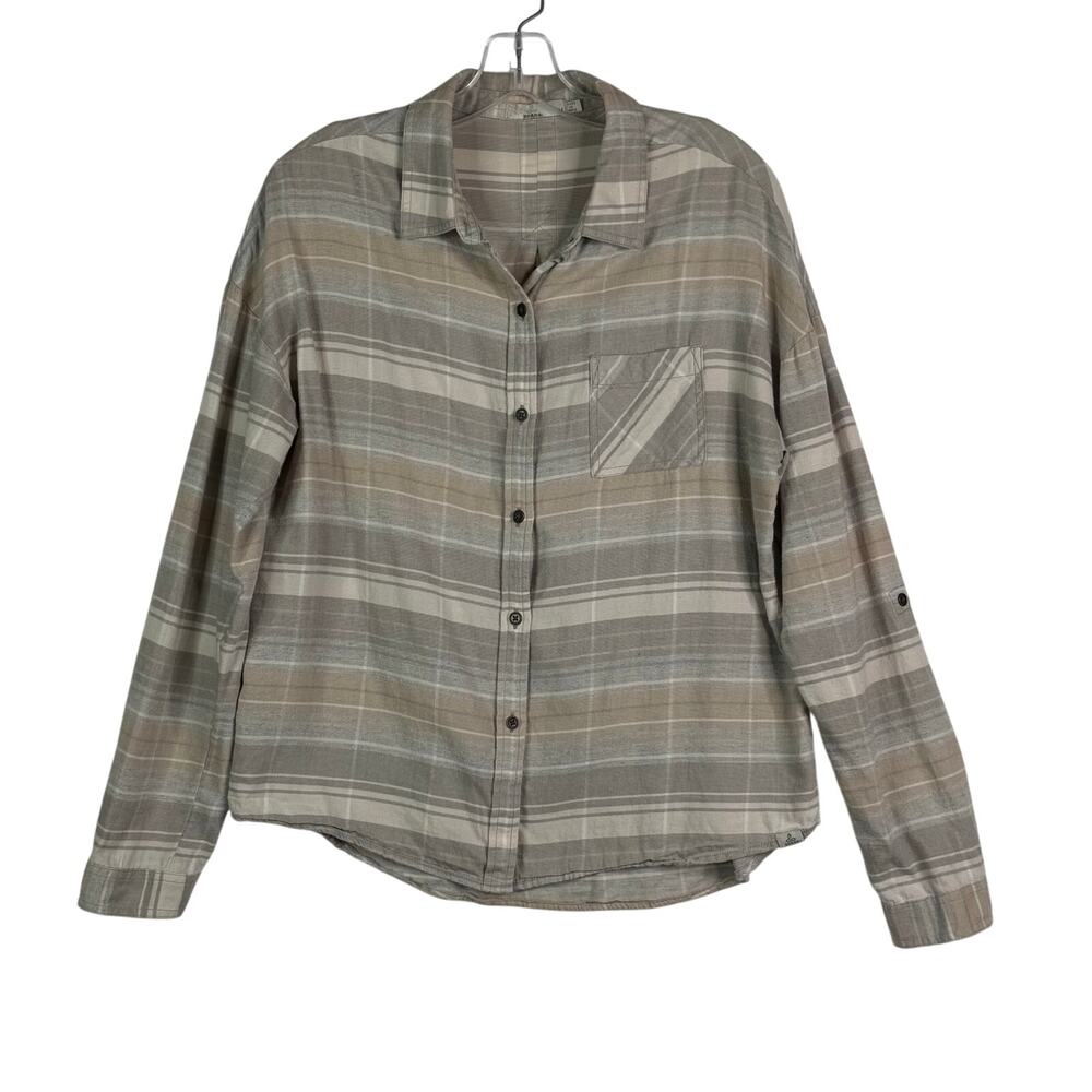 pRana Long Sleeve Button Up Striped Shirt Cream Brown Womens Medium